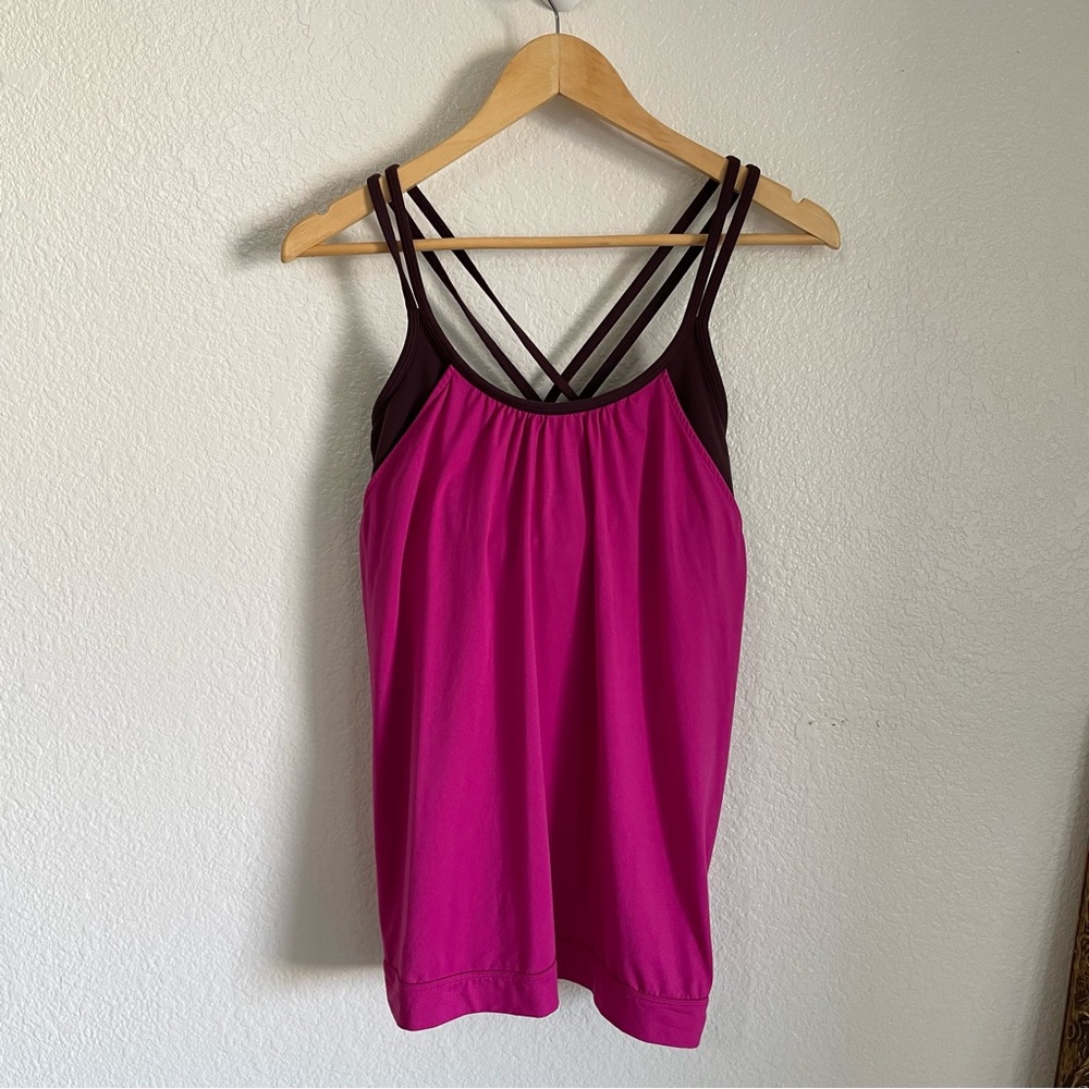 Athleta Tank Hidden Agenda Built in Sports Bra Pink Berry Brown 257103 M